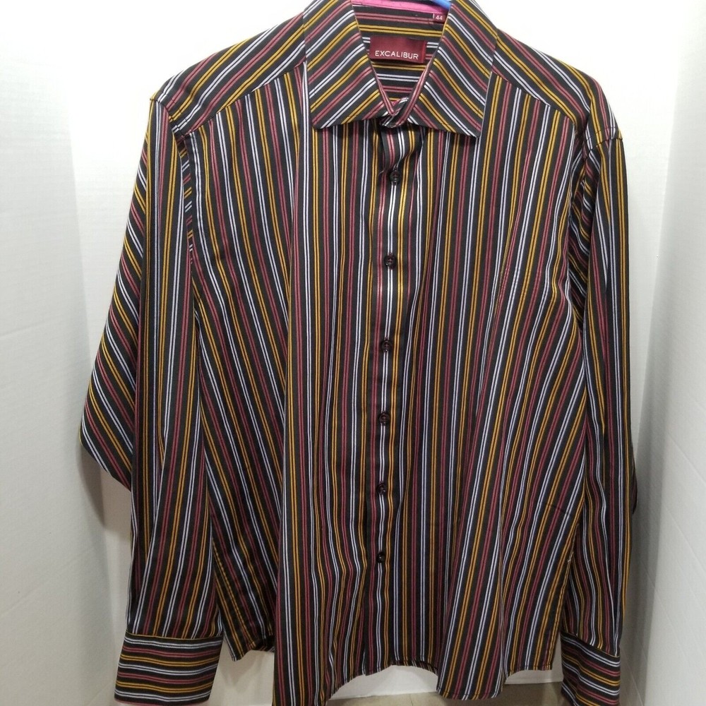 Men Dress Shirt Excalibur Black Size 44 Long Sleeve Button Up Striped - Picture 9 of 10